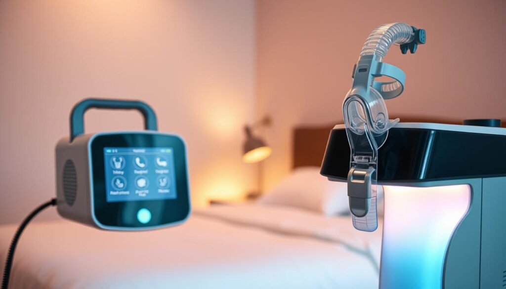 A modern, well-equipped sleep apnea machine showcased prominently in the foreground, with its display screen illuminated softly, illustrating its various functions through intuitive icons. The middle ground features a calm bedroom setting, with a neatly made bed and soothing colors, conveying a peaceful atmosphere conducive to sleep. In the background, soft, indirect lighting creates a warm and inviting ambiance, enhancing the sense of tranquility. The scene captures a close-up view of the sleep machine's mask and tubing, demonstrating its practical application while hinting at its role in improving sleep quality. The overall mood is serene and professional, emphasizing the importance of sleep health and wellness.