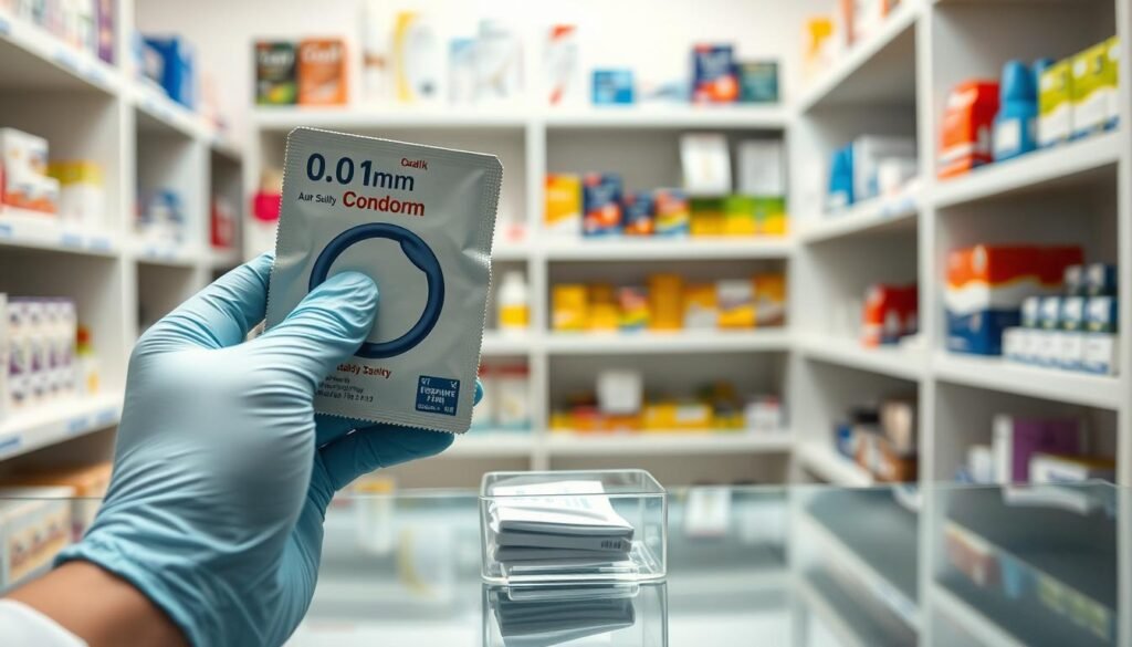 A well-organized pharmacist’s workspace featuring a detailed and close-up view of a 0.01 mm condom package, emphasizing its quality seal and authenticity markers on the front. In the foreground, a pair of hands, clad in professional gloves, inspects the packaging carefully. The middle ground displays a small, clear storage box with the condoms inside, labeled with a freshness date. The background showcases shelves filled with other safe sex products, subtly blurred to maintain focus. Bright, natural lighting illuminates the scene, enhancing the professional atmosphere and reassuring the viewer about the importance of regular checks and proper storage methods for condom safety.