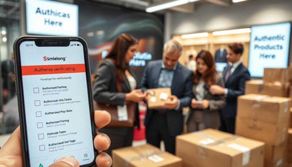 A detailed illustration of the process of using Smilelong for American purchasing, ensuring product authenticity. In the foreground, a smartphone displays the Smilelong app interface showing a checklist for purchase verification and product tracking. In the middle-ground, diverse people, dressed in professional business attire, discuss a product while examining the items with authorized tags and verification seals. In the background, a well-organized office environment with branded boxes and a digital display showcasing "Authentic Products Here" signage. The lighting is bright and inviting, creating a focused yet optimistic atmosphere, capturing the essence of professional shopping in a global market. The angle is a slightly elevated perspective, offering a comprehensive view of the scene.