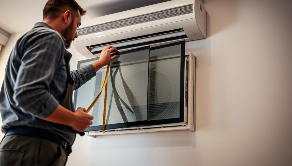 A detailed image of an air conditioning unit being installed in a room, showcasing a glass enclosure that is not fitting properly around the unit. In the foreground, a technician in professional attire examines the gap between the unit and the glass, holding a measuring tape. The middle ground features the air conditioning unit, partially obscured by the ill-fitted glass panels, emphasizing the mismatch. The background includes a well-lit, modern living room with soft lighting, highlighting a sense of urgency in the installation process. Angled from a low perspective to capture the action, the mood is focused and slightly tense, capturing the challenges of air conditioning installation when sizes do not align.