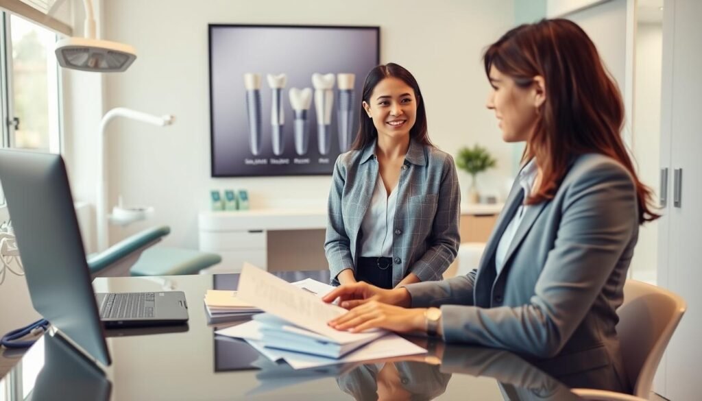 A professional dental insurance consultation scene in a modern clinic, depicting a dental insurance representative assisting a patient with claims paperwork. In the foreground, the representative, dressed in professional business attire, is seated at a sleek desk covered with organized documents and dental brochures. In the middle, the patient, wearing casual but modest clothing, displays a look of relief while discussing insurance options. The background shows an inviting dental office with calming pastel colors, dental equipment subtly visible, and a large framed poster about dental implants on the wall. Soft natural light streams in through a window, creating a friendly and comforting atmosphere. The image conveys professionalism, support, and clarity in the dental insurance claims process.
