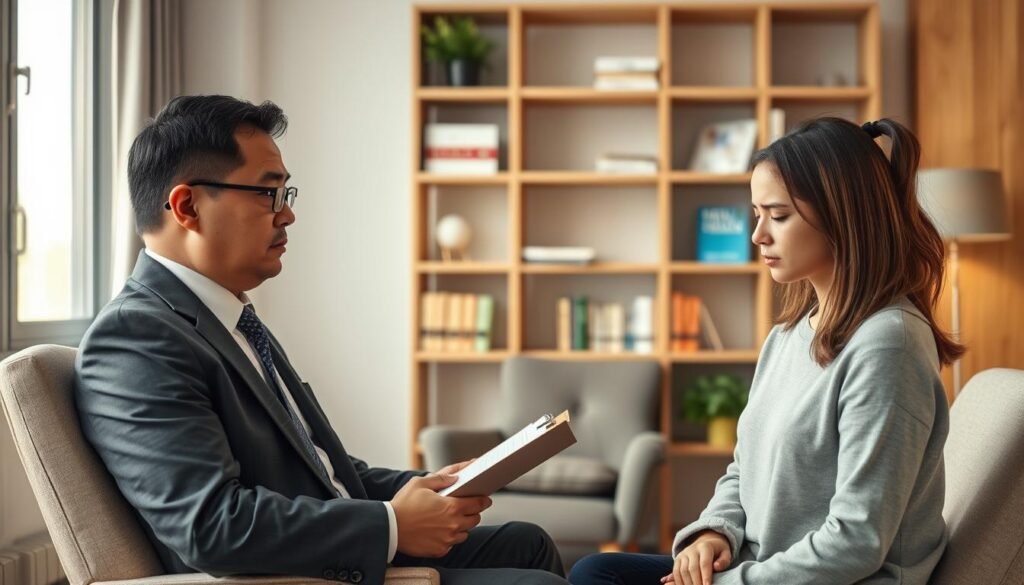 A thoughtful psychiatrist sits in a modern, warmly lit office, examining a patient who appears slightly anxious. The psychiatrist, a middle-aged Asian man in a professional suit, holds a clipboard and looks intently at the patient, conveying empathy and understanding. The patient, a young Caucasian woman, is dressed in casual but modest attire, looking down in contemplation, with subtle signs of distress on her face. Shelves with mental health books and a soft armchair are in the background, creating a comforting atmosphere. Gentle natural light filters through a window, adding to the serene environment. The composition captures the pivotal moment of initial diagnosis and support in a mental health setting, radiating a mood of professionalism and compassion.