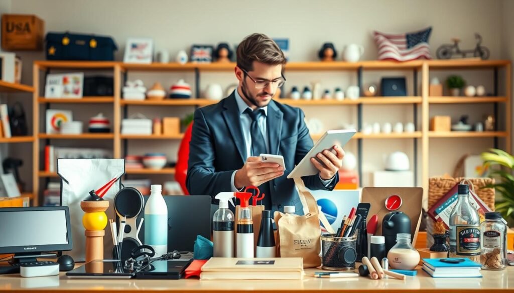 A visually informative representation of the main types of US purchasing services, showcasing various items that can be sourced from the USA. In the foreground, display an assortment of popular product categories, such as electronics, fashion, beauty products, and home goods, neatly arranged on a stylish table. In the middle ground, illustrate a professional-looking individual, dressed in business attire, attentively examining a product, reflecting the hands-on aspect of the purchasing service. The background should feature a warm, well-lit room that creates an inviting atmosphere, with shelves displaying more products and a subtle hint of USA-themed decor. Use natural lighting for a bright and vibrant look, focusing on clarity and detail to engage the viewer. The overall mood should be friendly and professional, highlighting the reliability and variety of these US purchasing services.