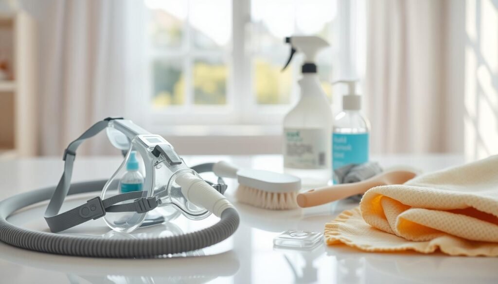 A bright and clean workspace featuring a variety of sleep apnea CPAP equipment laid out for effective cleaning. In the foreground, a detailed view of a CPAP mask and connecting components, including hoses and filters, on a disinfected surface. The middle ground displays cleaning supplies such as mild soap, a soft brush, and a microfiber cloth. The background shows a soft-focus, well-lit room with natural lighting streaming in from a nearby window, emphasizing a fresh and hygienic atmosphere. The image conveys an organized and calm mood, promoting a sense of thoroughness and care in maintaining health equipment. Ideal for demonstrating cleaning techniques with a professional touch.