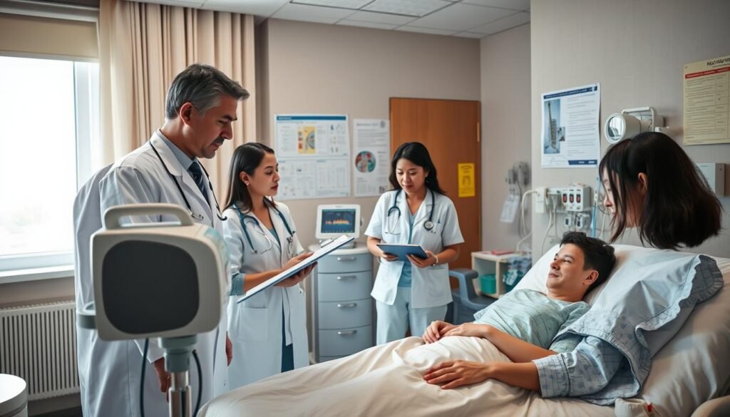 A clinical setting inside a Hong Kong hospital, showcasing a diverse group of healthcare professionals discussing the treatment needs of patients with chest deformities. In the foreground, a doctor in a white coat is examining a modern non-invasive ventilator, while a nurse takes notes on a tablet. The middle ground features a patient resting comfortably on a hospital bed, wearing appropriate casual attire, with a sleep breathing machine beside them. The background presents a softly lit room filled with medical equipment, charts, and posters related to respiratory care. Natural light filters in from a window, casting a hopeful atmosphere. The angle is slightly elevated, allowing a view of the equipment and the engaged conversation, conveying professionalism and compassion in patient care.
