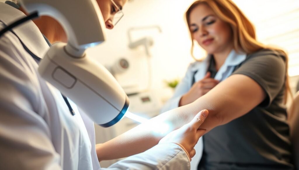 A professional dermatologist in a well-lit clinic uses a state-of-the-art laser hair removal device on a patient’s arm, showcasing the technology in action. The foreground features close-up details of the laser device emitting a focused beam of light onto the skin, illustrating the mechanism behind the treatment. The middle ground captures the patient, dressed in modest clothing, watching the procedure with a relaxed expression, while the dermatologist, clad in a white lab coat, carefully explains the process. In the background, medical equipment and soothing, clinical decor contribute to a sterile yet inviting atmosphere. Soft, diffused lighting highlights the technological aspects and creates a calm mood, emphasizing the effectiveness and safety of laser hair removal technology.