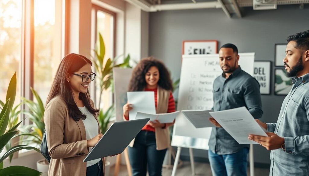 A vibrant and modern office setting showcasing a diverse team of entrepreneurs working together on startup ideas. In the foreground, a South Asian woman in professional attire is animatedly discussing plans with a Hispanic man, who is jotting down notes on a laptop. In the middle ground, a Caucasian woman is presenting a business model on a whiteboard, while an African American man studies market research documents. The background features large windows letting in warm natural light, with plants and motivational artwork adorning the walls, creating an inspiring atmosphere. The scene is captured with a wide-angle lens to emphasize collaboration, with soft lighting that enhances a positive, energetic mood, reflecting the essence of entrepreneurship and creativity.